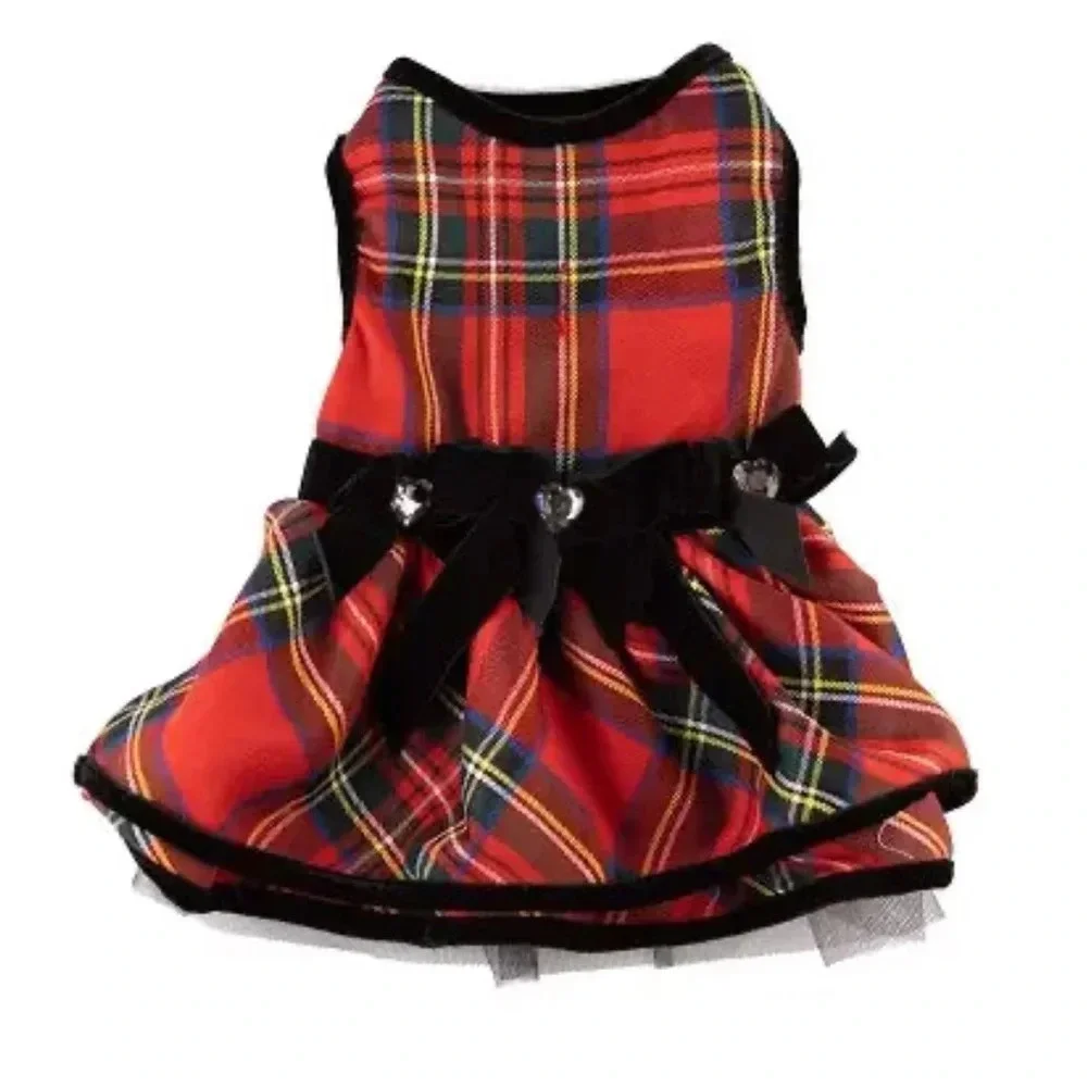 Red Tartan Plaid Christmas Dress with bows and Gems for Dogs Size Small